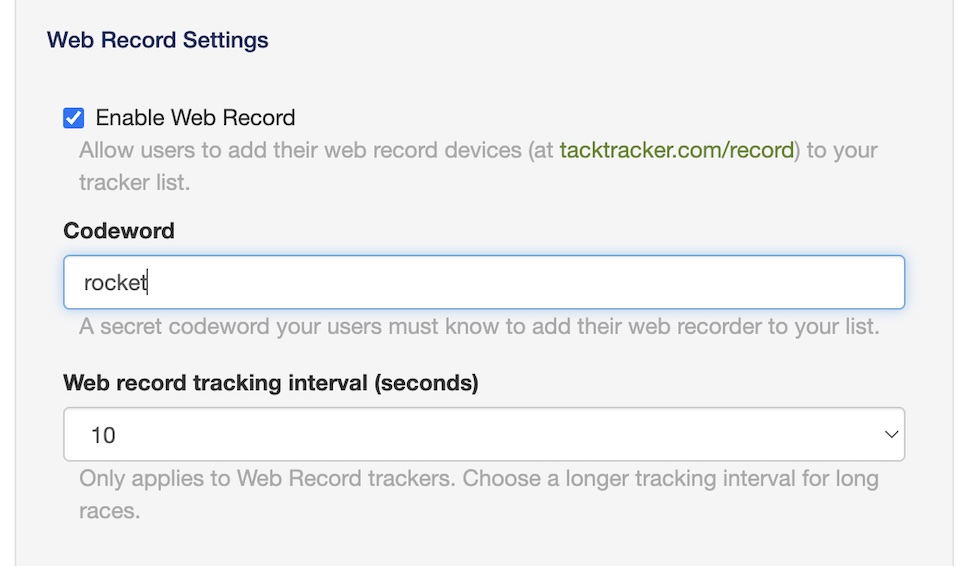 Web Record account settings